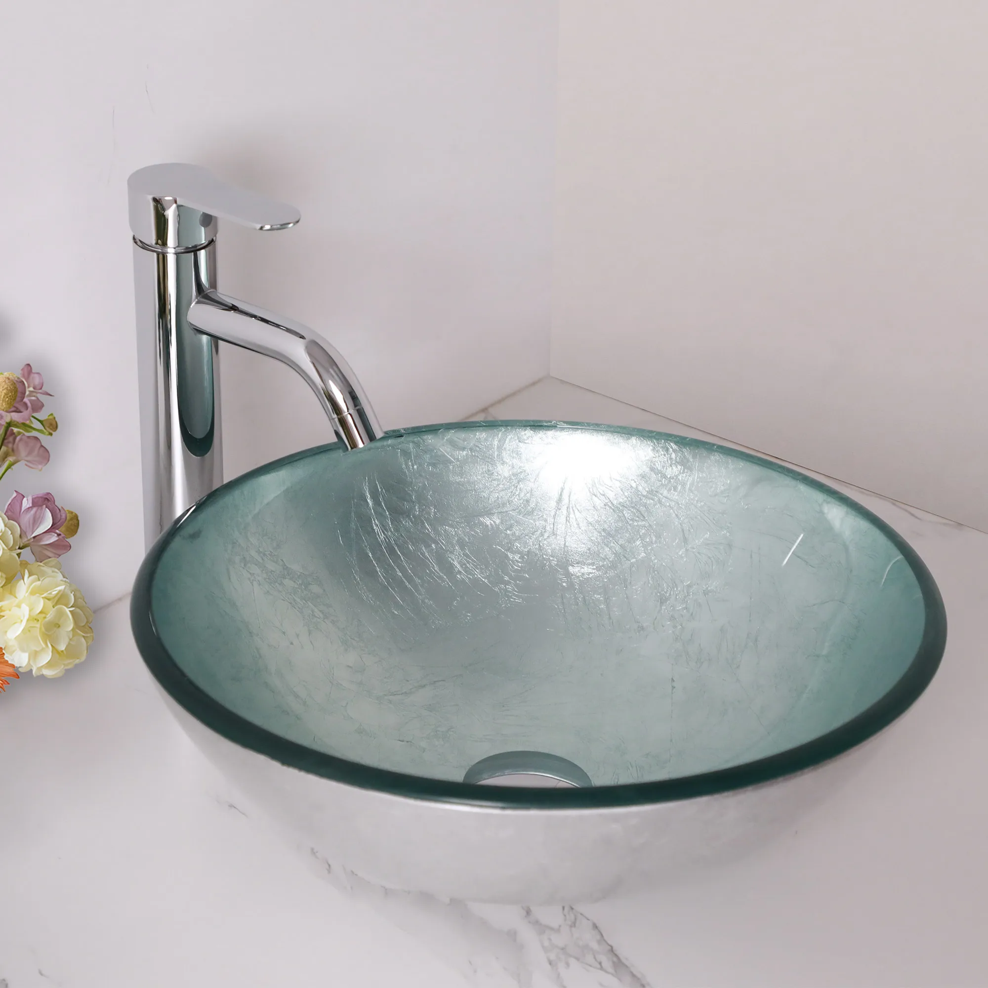 Glass Vessel Sinks Contemporary Round Basin Foil Covered Tempered Glass Bathroom Sink with Waterfall Faucet