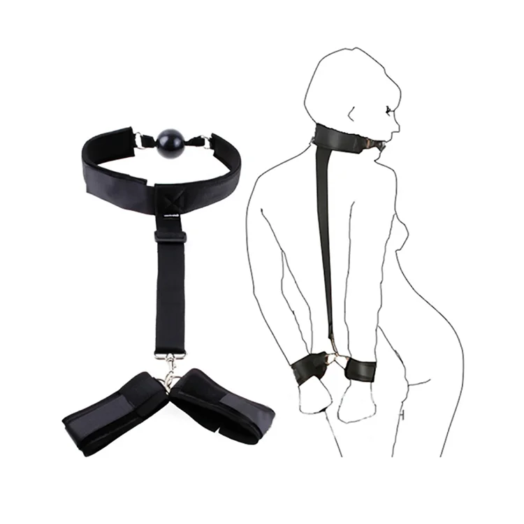 Bondage Gear Ribbon Material Bondage Kit Black Handcuffs with Mouth Ball Set Toys for Women