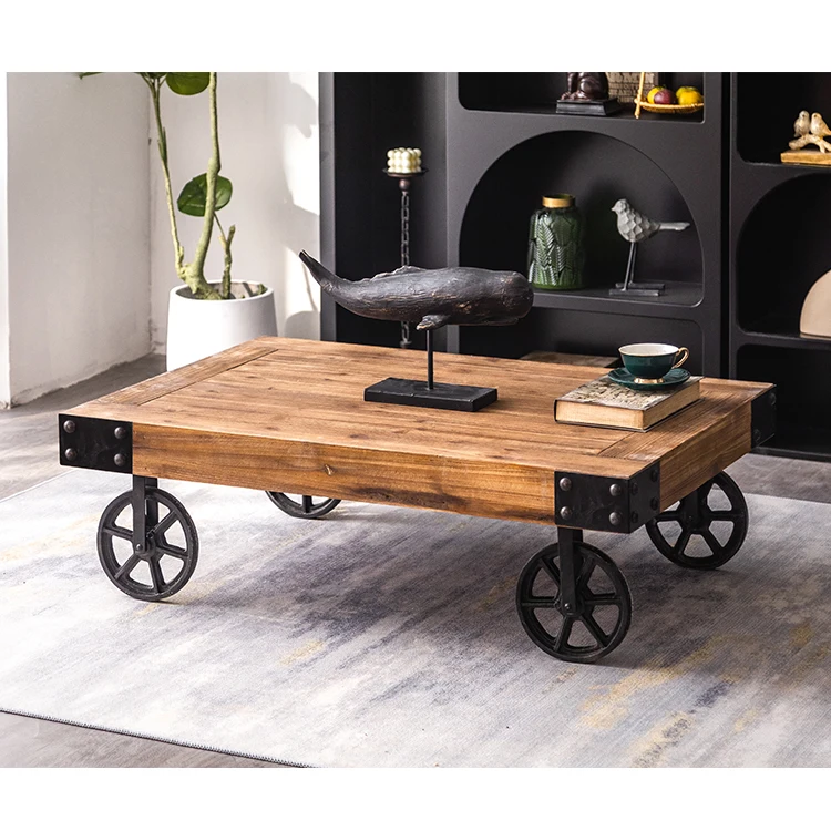 Industrial style Vintage natural wood Railway Cart Big Wheel Low Coffee Table Mesa Centro for Living Room