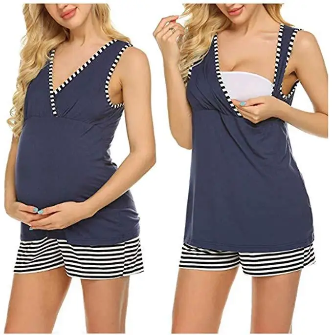 
2020 Hot Sale In Summer Wholesale Pregnant Women Clothing Sexy Fashion Stripe V Neck Casual Women Tank Top Shorts Suit 