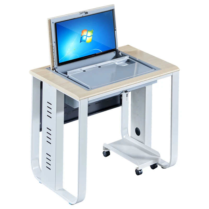 LCD Monitor Keyboard Mouse Hidden inside Safe Lockable Computer Desk Flip Up Desktop Classroom Desk Table