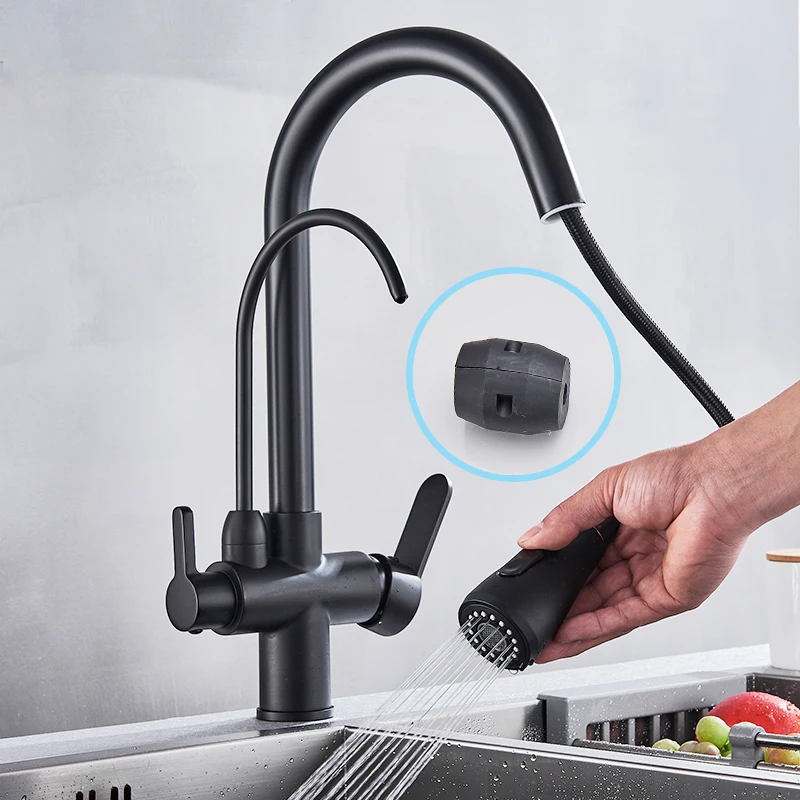 Purification Kitchen Faucets Black Pull Out Kitchen Water Filter Tap 3 Way Mixer torneira para cozinha de parede Crane
