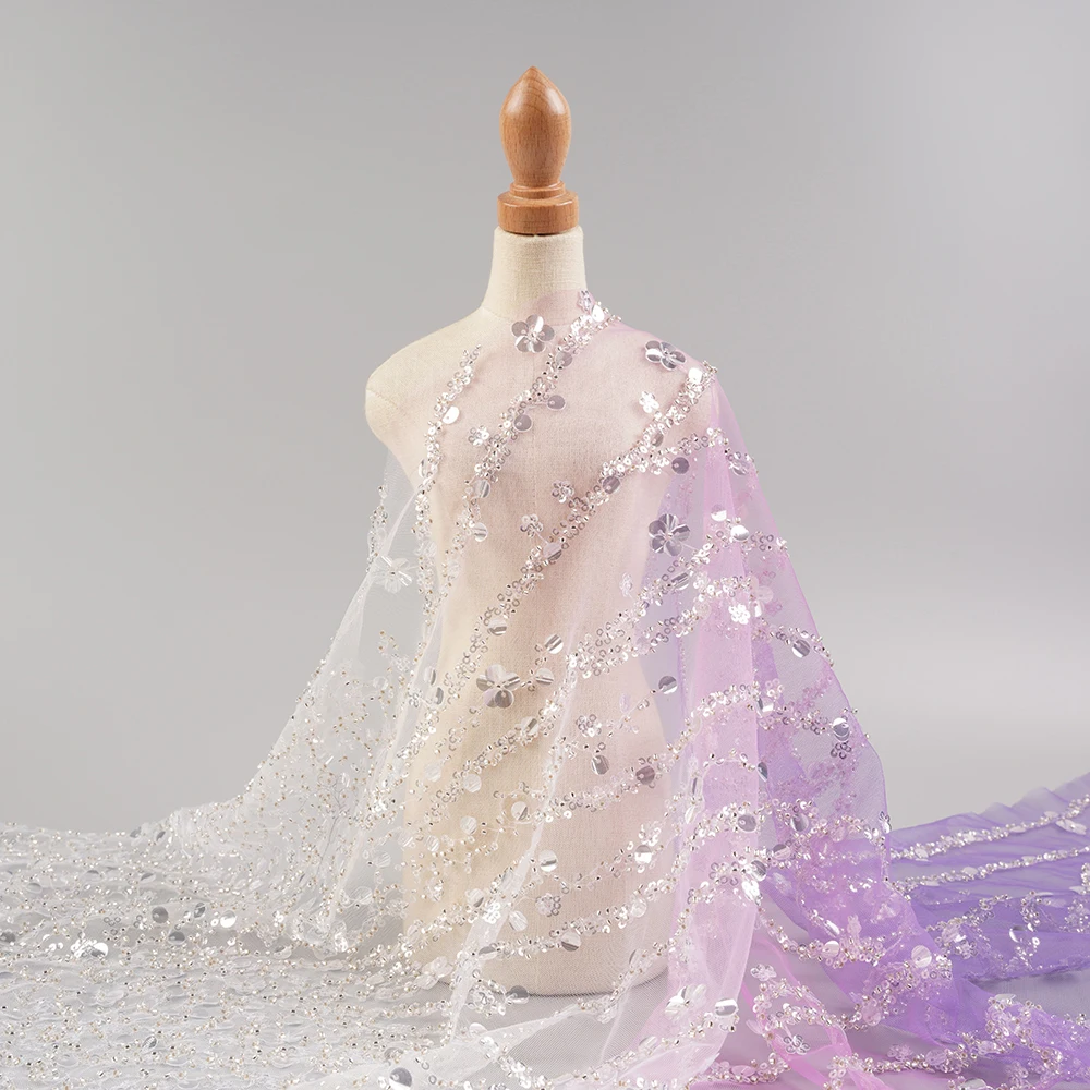 Тянущаяся Роскошная жемчужная градиентная блестящая 3d африканская кружевная ткань сетчатая