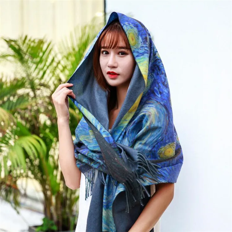 Zipeiwin wholesale price starry night design oil painting 100% polyester cashmere scarf with good price