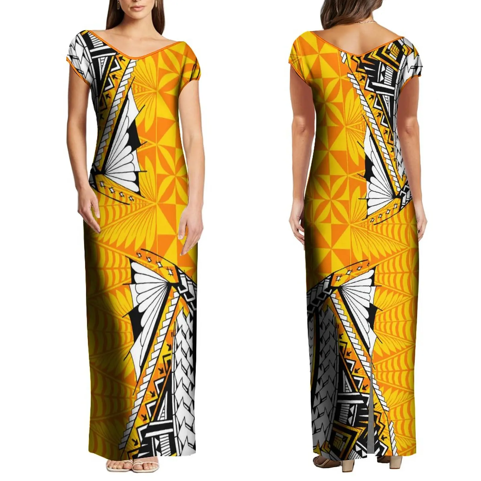 Wholesale Custom Half Shoulder Island Dress Long Maxi Evening Dresses Women Lady Elegant Polynesian Tattoo Printed Casual Dress