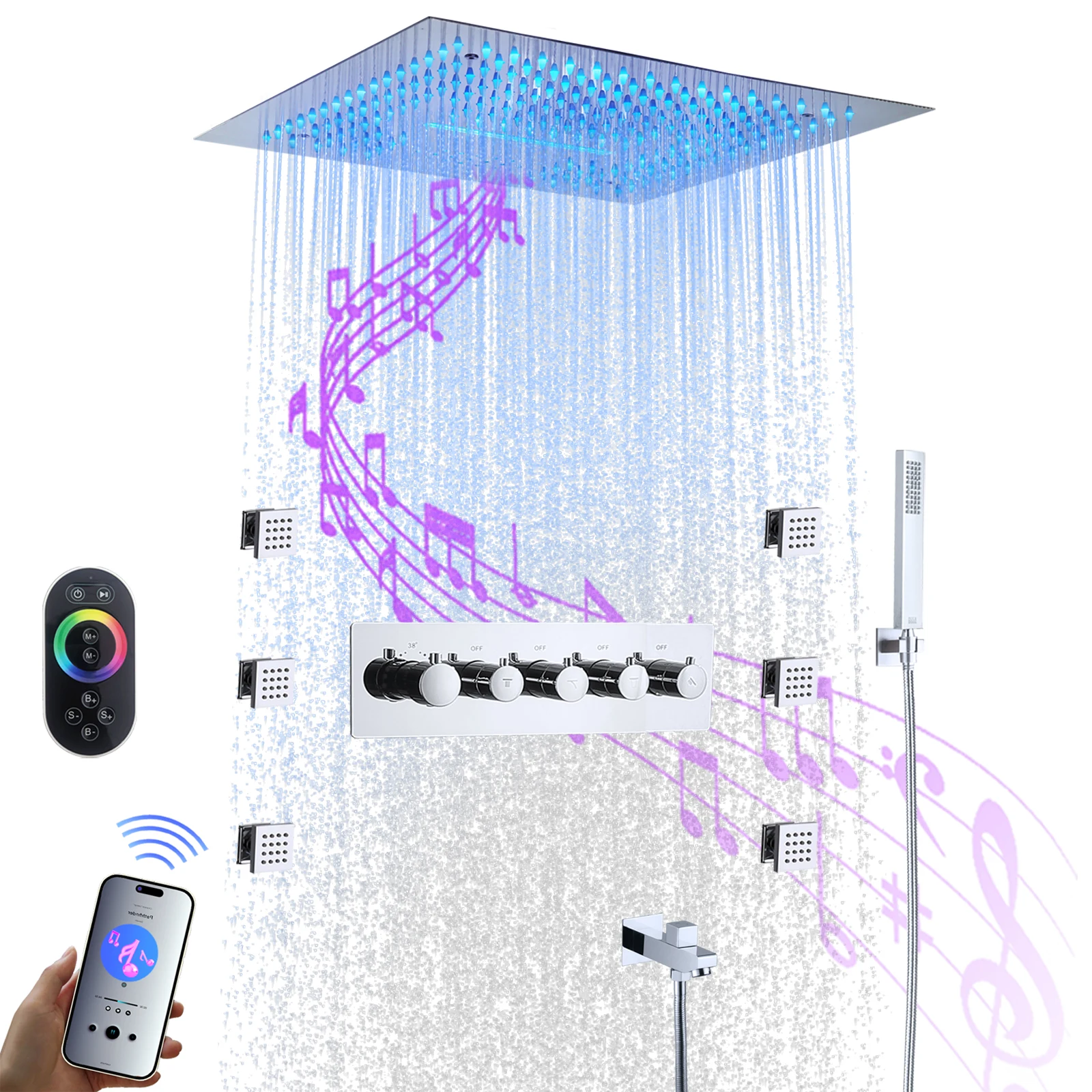 304 Stainless Steel 400*400mm LED Shower Head with Music System Thermostatic Main Body Bathroom Chrome Shower Faucet Set