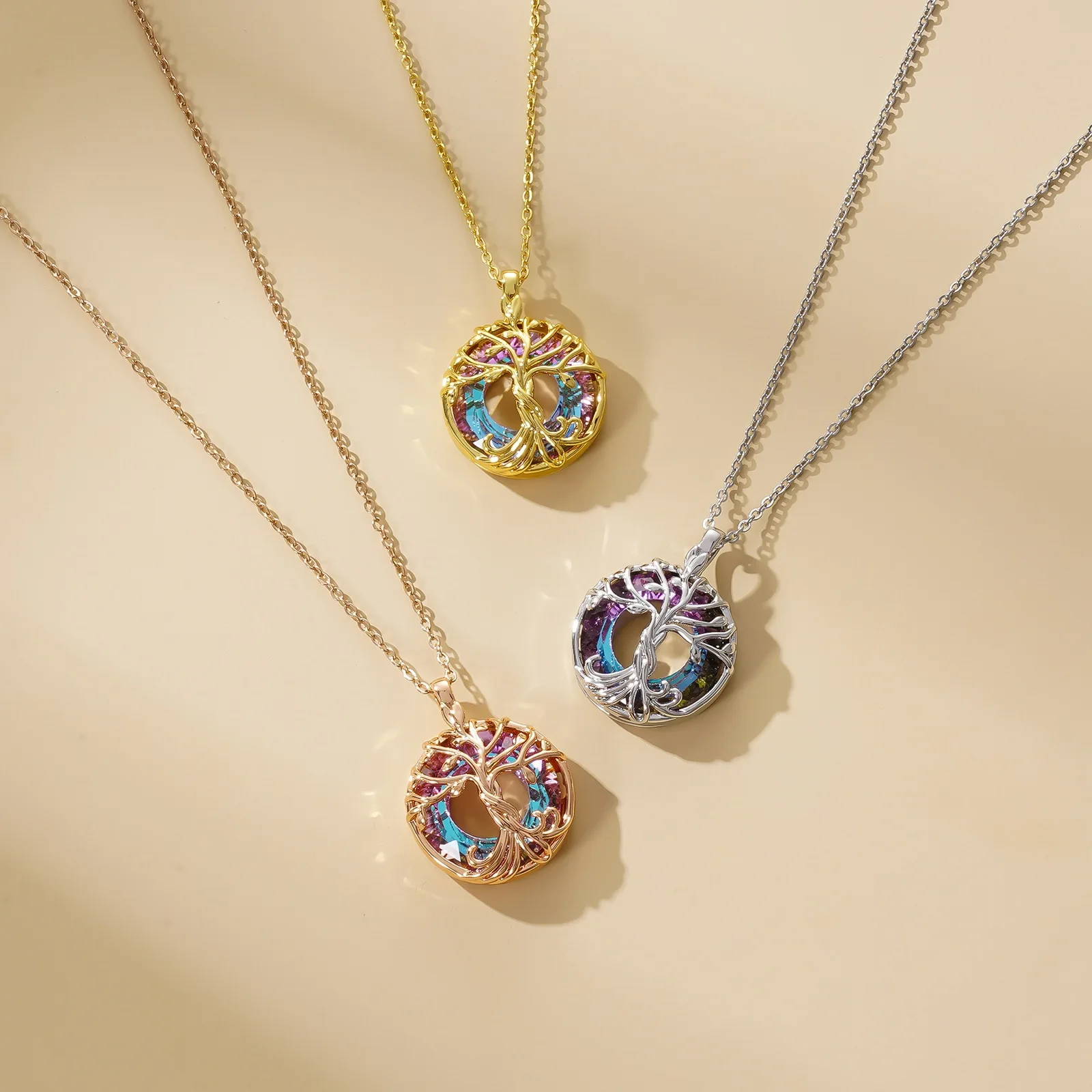 Fashion  Gold Silver Plated  Crystal Pendant Hollow Out Tree Of Life Jewelry Necklace Earrings For Women Christmas Gift