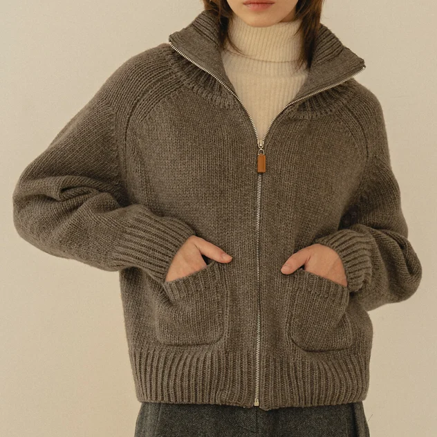 Hot Sale Womens 100% Wool Zip-up Cardigan For Top Knitwear Sweater