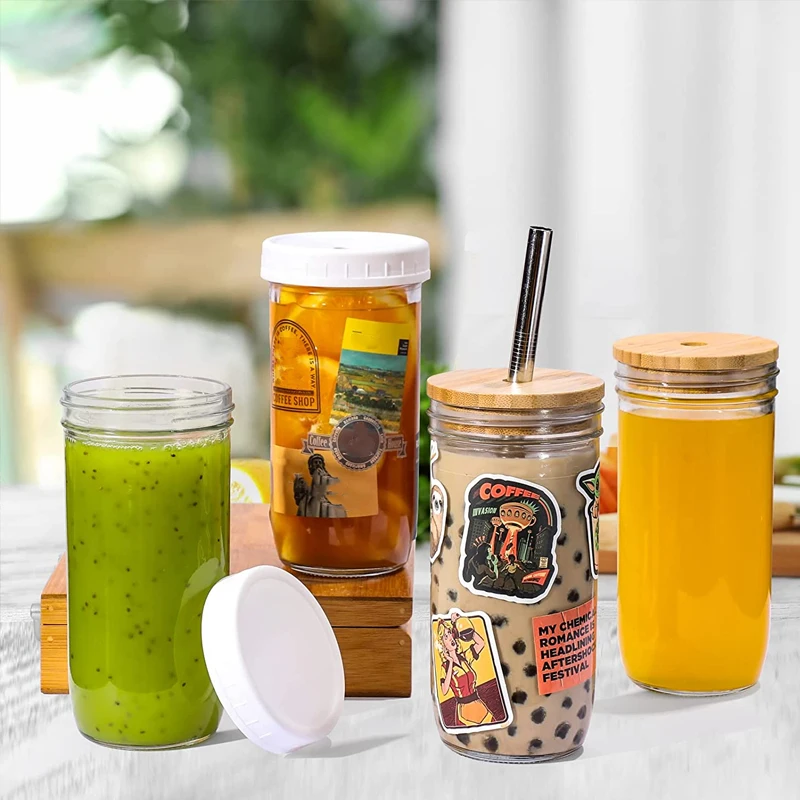 Eco Reusable Drinking 24oz Mason Jar Glass for Bubble Tea Iced Coffee Water Cup With Lids and