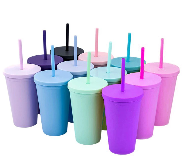 24oz Double Wall Clear Acrylic pastel tumbler reusable Plastic Drinking Cups with Straw