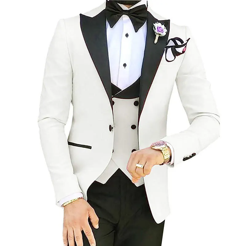 Hot Sale White Wedding Double Breasted Vest Groom Party Business Suits Custom Made Men Suits 3 Pieces Suit For Man