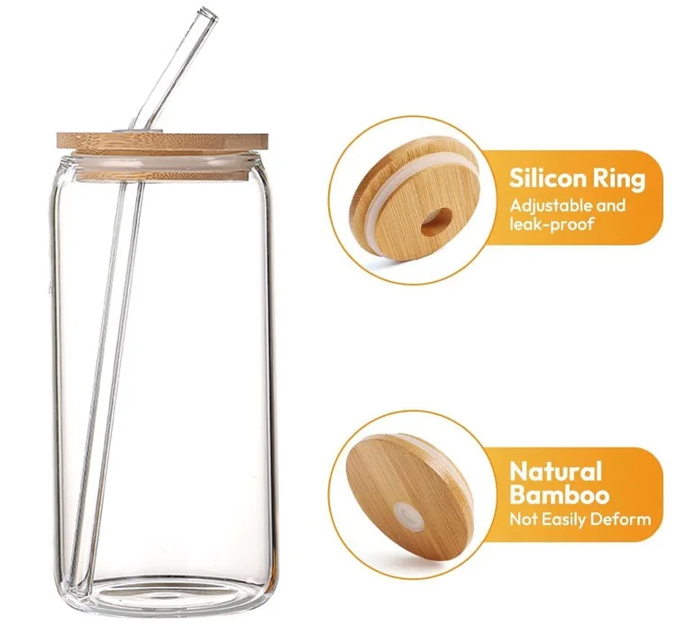 Factory Direct Sale Food Grade Custom Christmas Pattern Design 16Oz Sublimation Glass Can With Bamboo Lid