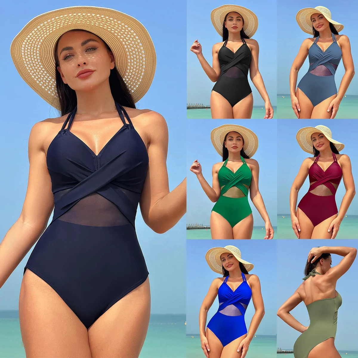 Women Halter Neck One Piece Micro Bikinis Swimwear Beach Suit Sexy Solid Color Mesh Beachwear Swimsuit