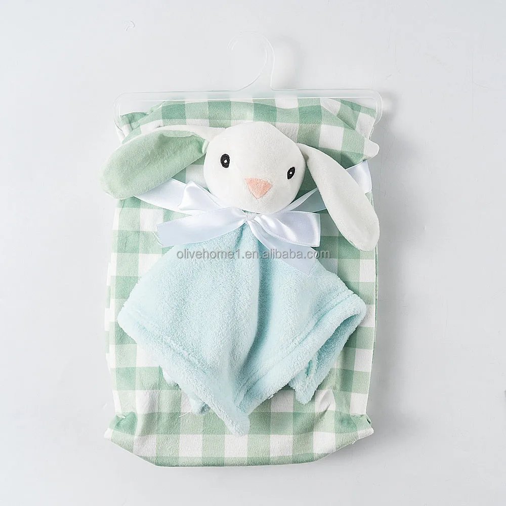 Green Checked Rabbit Security Blanket Soft Lovey Lovie Baby Gifts Set Toy Stuffed Animal Blanket for Newborn Girls