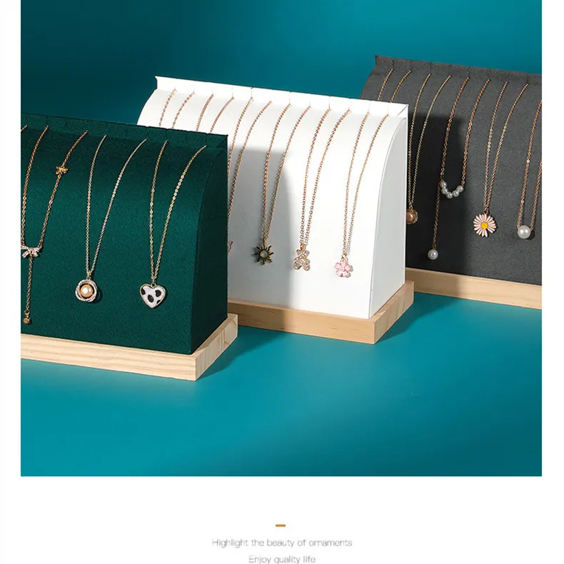 Arc-shape Jewellery Necklace Display White Pu Leather Bracelet Wooden Base Stand Cambered Pendant Chain Holder Display