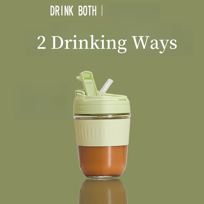 V76 Cheap Clear Double Drinking Glass Mug 500ml Eco Friendly Cute Kids Water Coffee Glass Cup With Straw And Lid