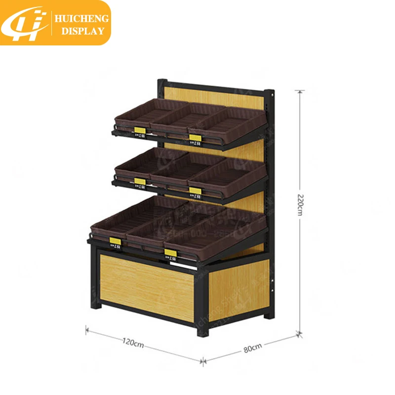 Customizable supermarket store display metal wooden fruit and vegetable stand rack and gondola shelf for sale
