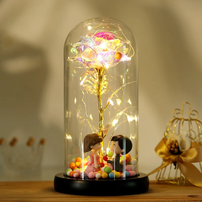 24K Gold Foil Immortal Rose LED Light Real Touch Colorful Flower Design Glass Cover Christmas Gift Preserved Natural Halloween