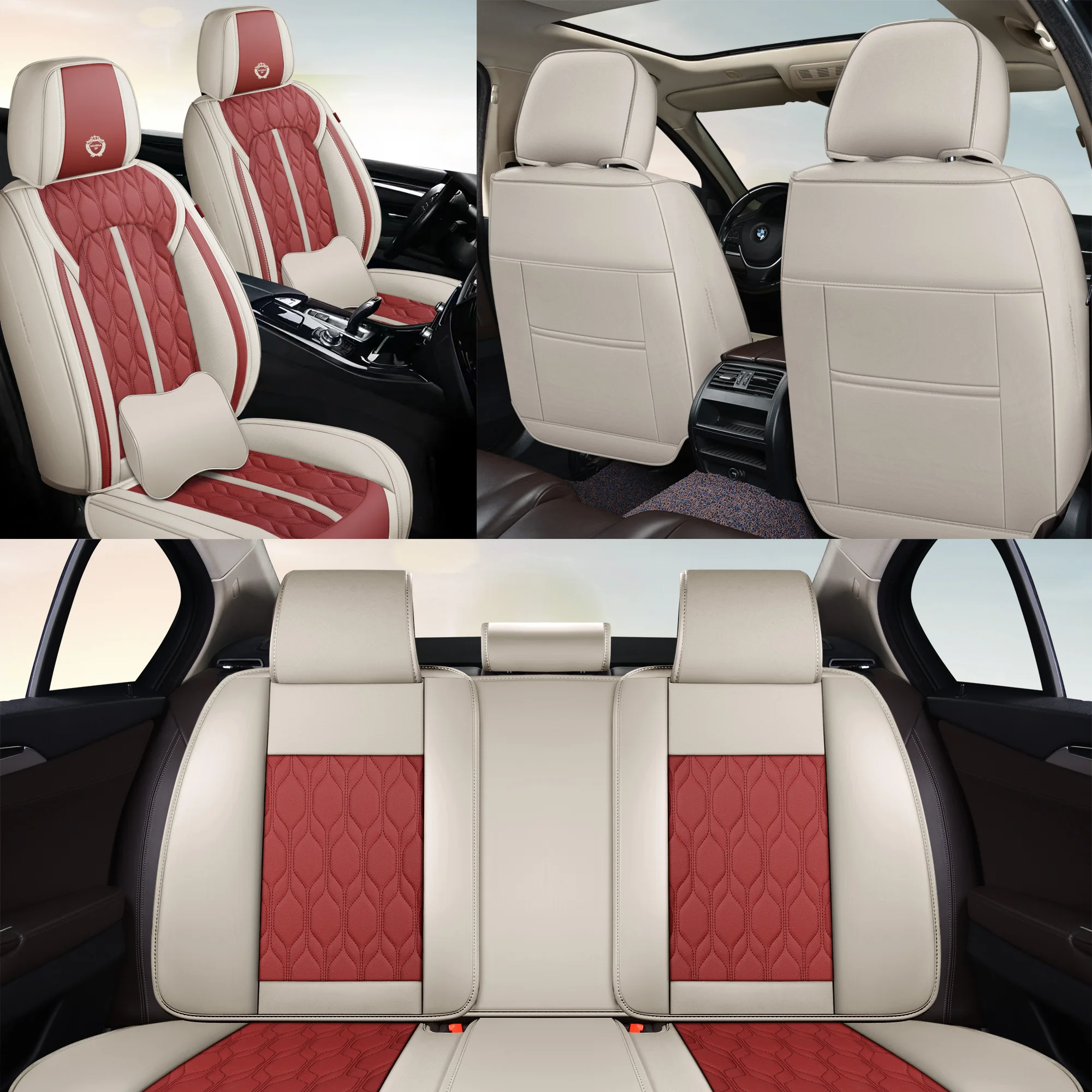 Universal Nappa PU Leather Sports-Style Car Seat Covers Full Set Protector for Most Cars SUVs Pick-up Trucks