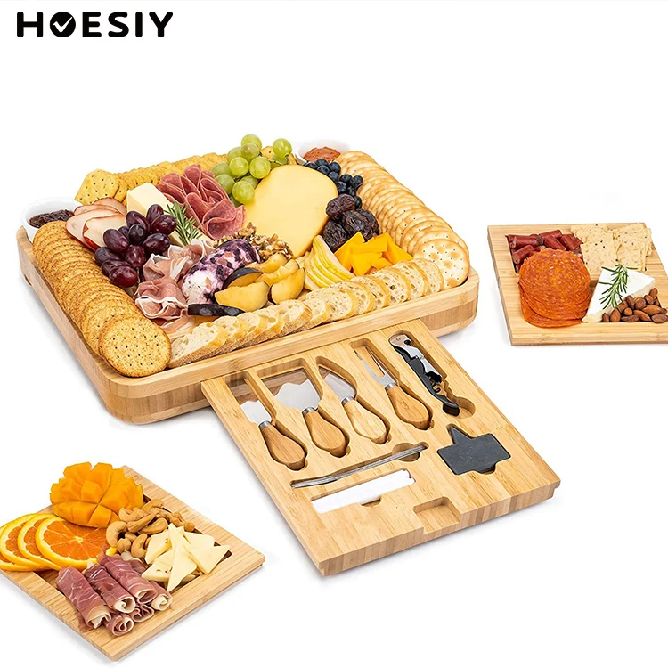 Natural Bamboo Cheese Cutting Tray Logo Custom Cheese Serving Platter Cheese Board With Knives Charcuterie Board Set