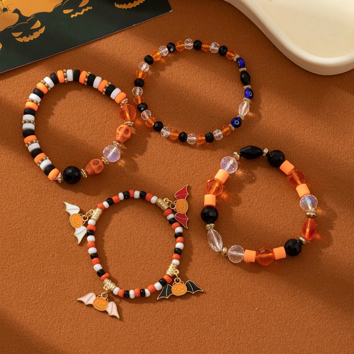 Halloween bracelet Bat spider pumpkin lifting polymer clay elastic thread handmade Party string