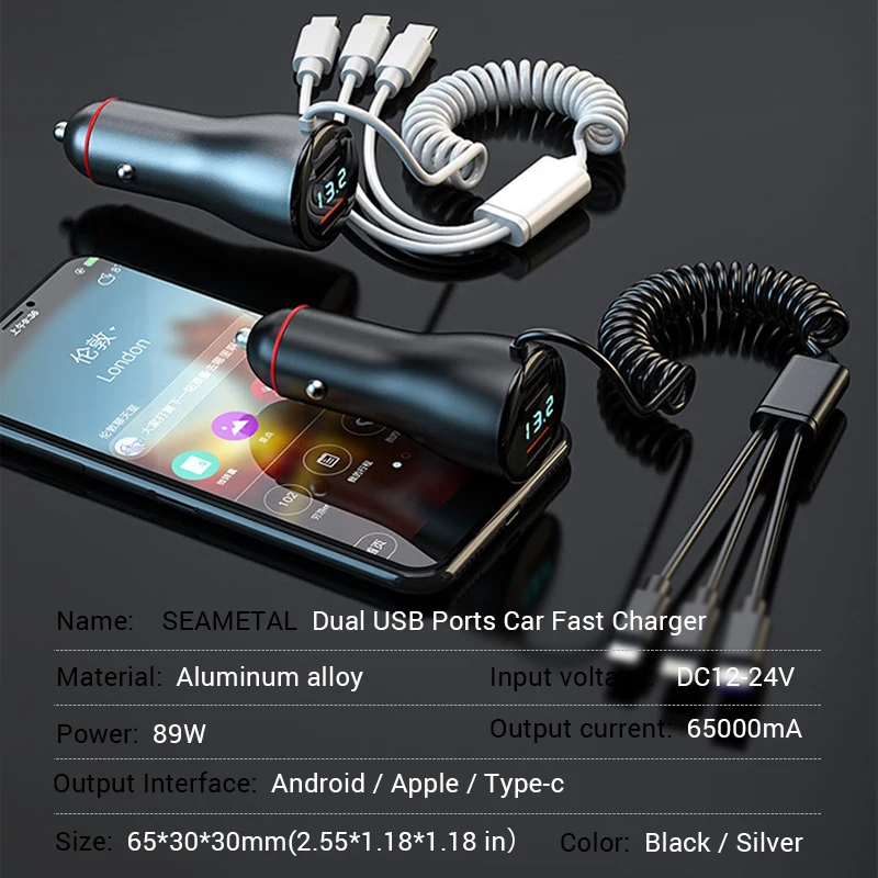 Type C QC 3.0 Quick Car Charger With 3 in 1 USB Cable Cigarette Lighter For iPhone Samsung USB Type C Fast Phone Charger