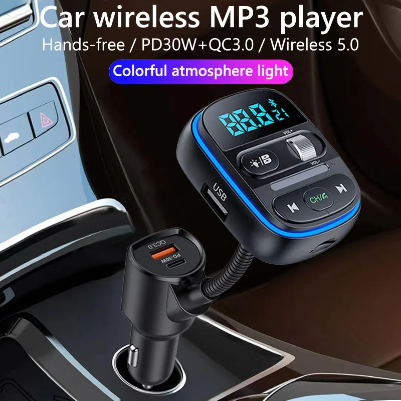 Qc3.0 Type C Pd 30W Fast Charging Colorful Light Handsfree Car Kit FM Transmitter Bass Wireless Car Mp3 Player