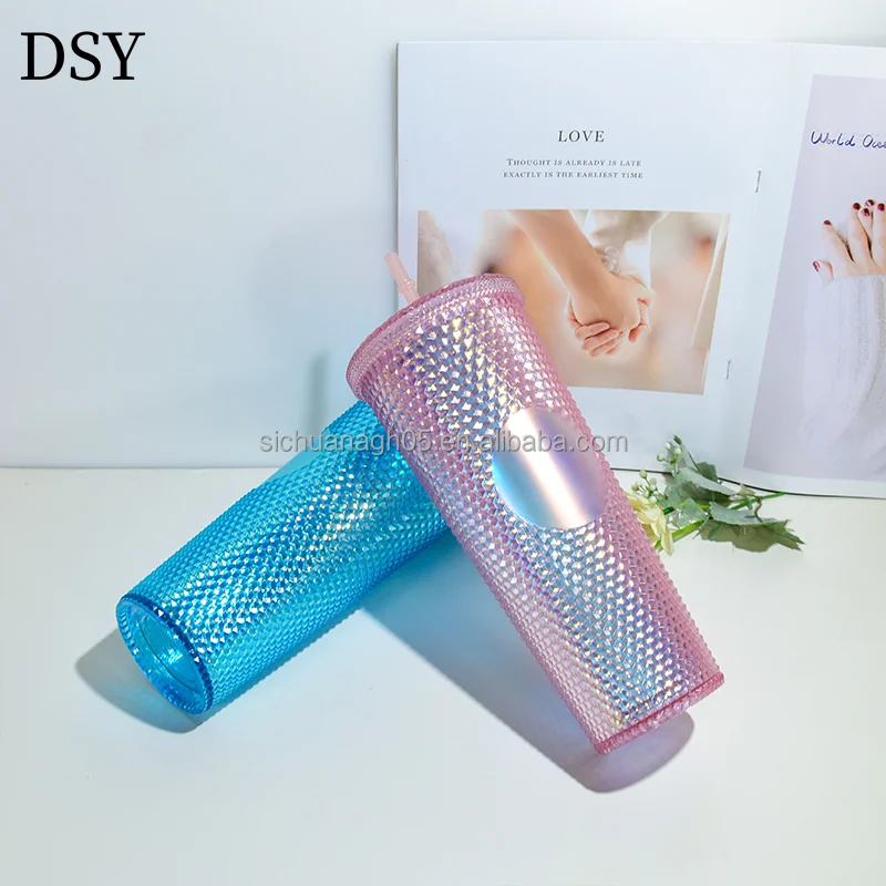 Dashuya 24oz Acrylic Studded Tumblers Double Walled Star Plastic Water Bottle with Straw Cover for
