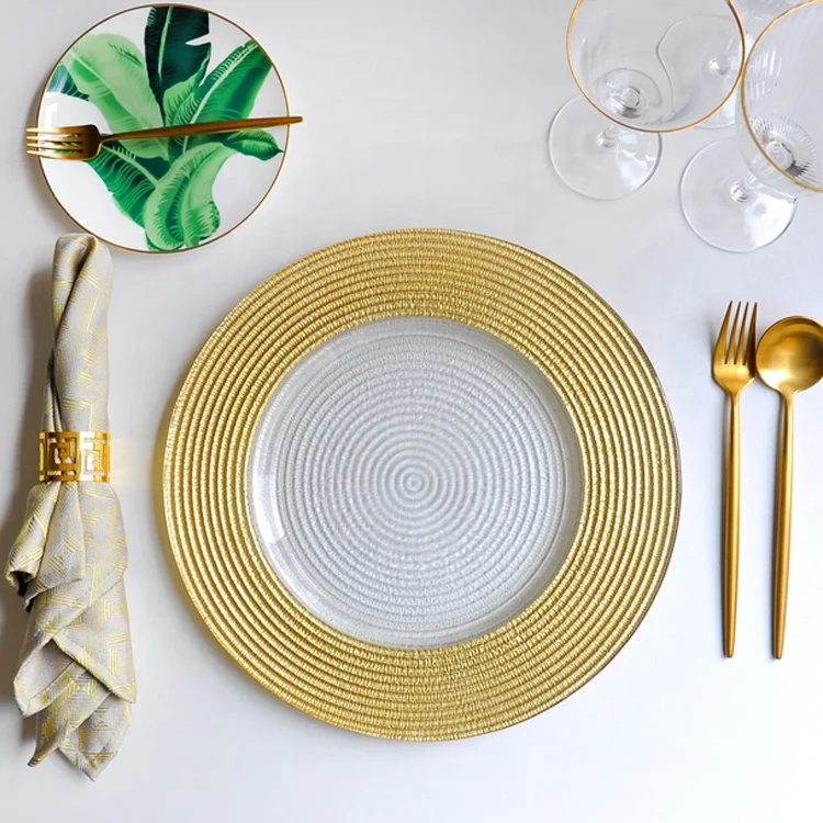 
Wedding party gold rim clear glass charger plate for table decoration 