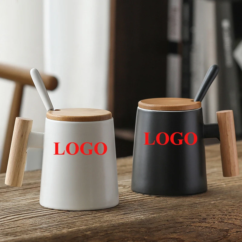 Custom Logo 450ml Nordic Minimalist Ceramic Coffee Mug Matte White Black Tea Cup with Wooden Handle for Back to School