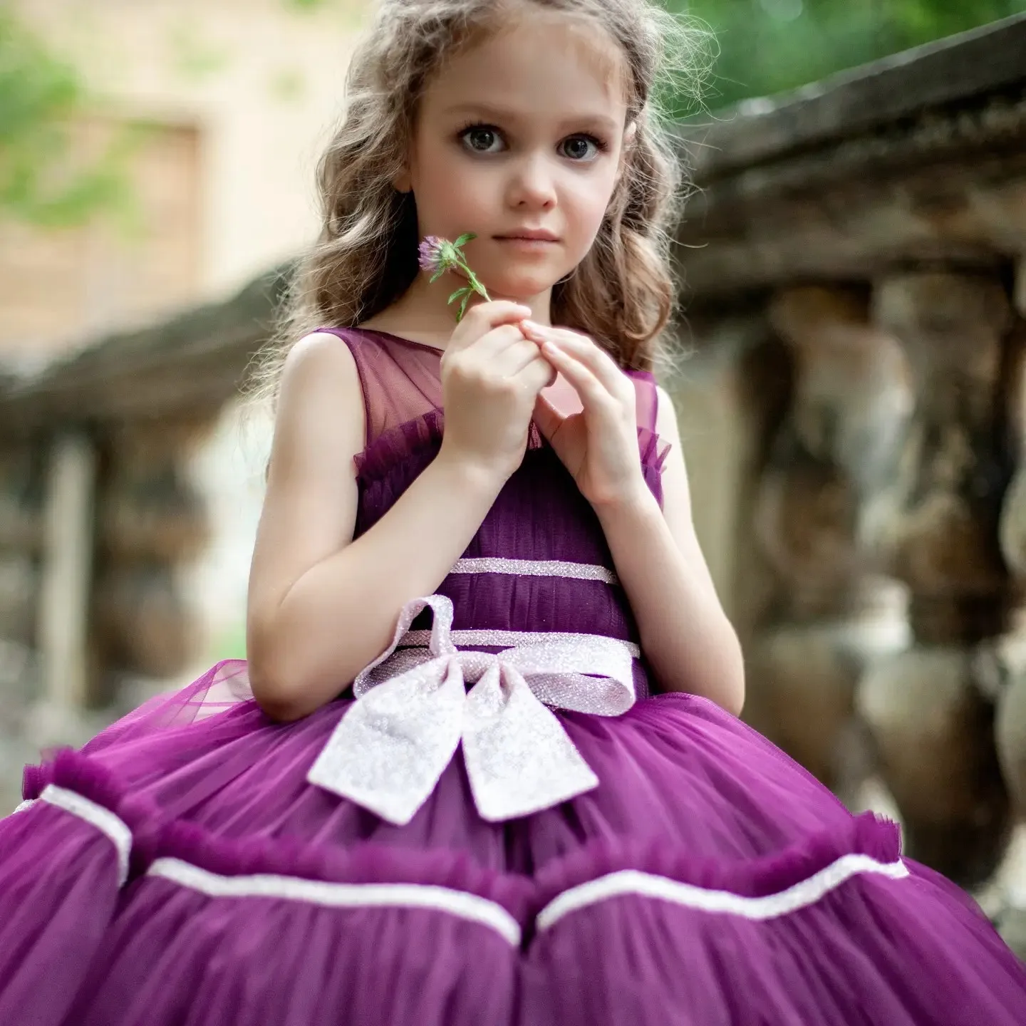 Purple Tulle Wedding Flower Girl Dress Kids Princess Birthday Party TUTU Dress with Glittering Bow