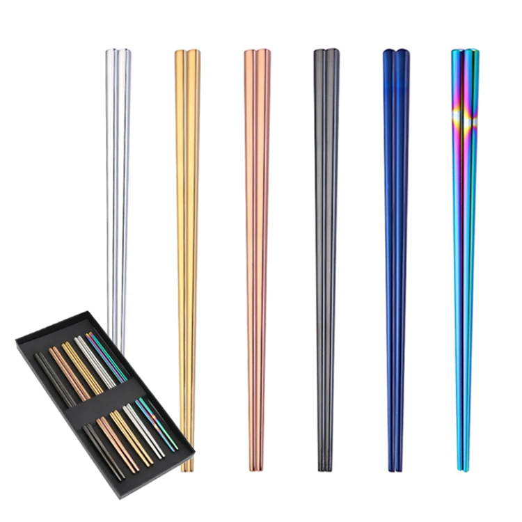 Reusable 304 Stainless Steel Non-Slip Square Chopsticks Golden Plated Mirror Polished Korean Chopsticks For Sushi