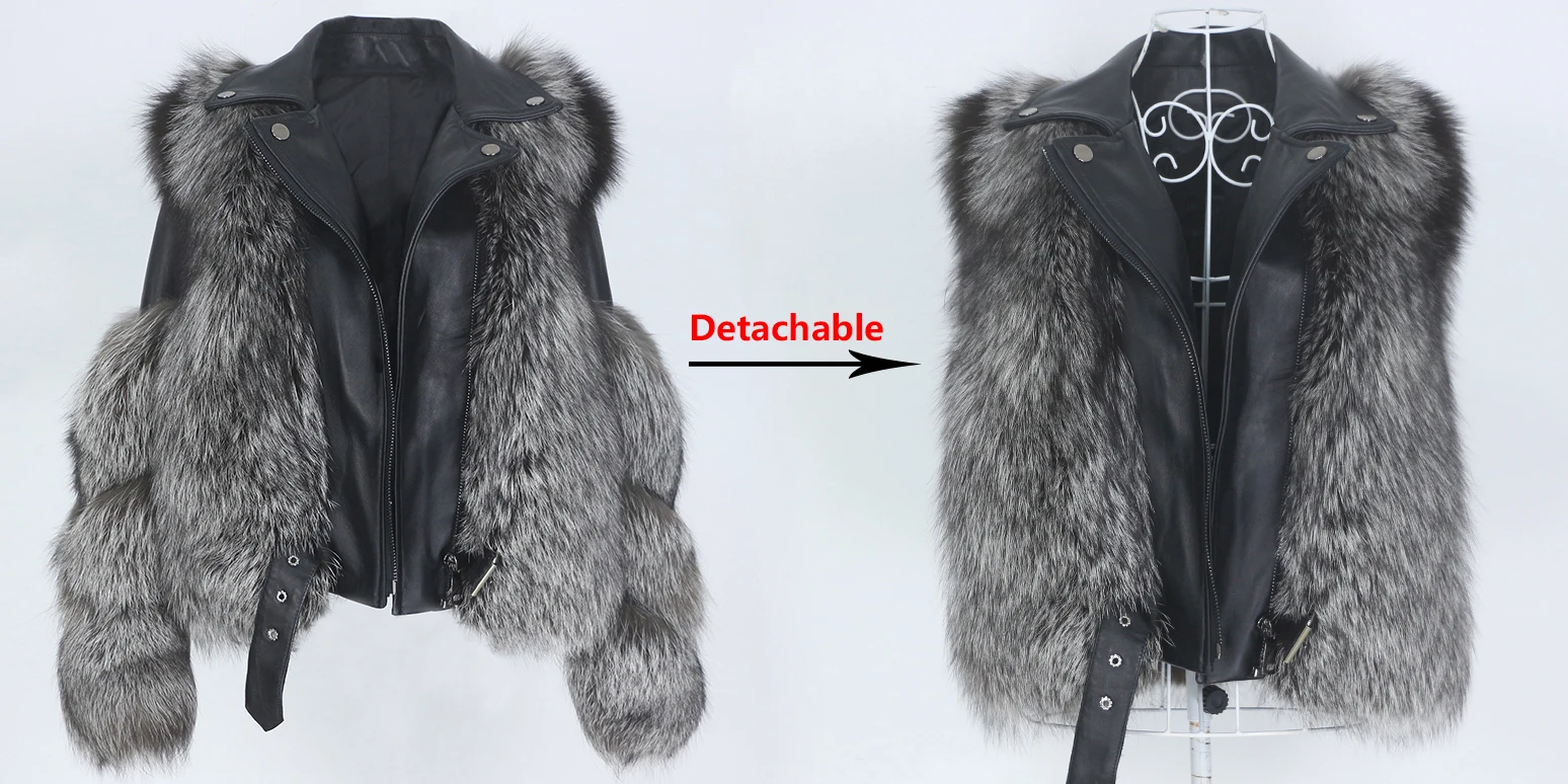 
OFTBUY 2021 Real Fur Coat Vest Winter Jacket Women Natural Fox Fur Genuine Leather Outerwear Detachable Streetwear Locomotive 