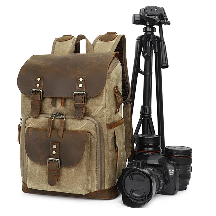 Waterproof Waxed Canvas and Genuine Leather Dslr Camera/Video Bags Camera Backpack