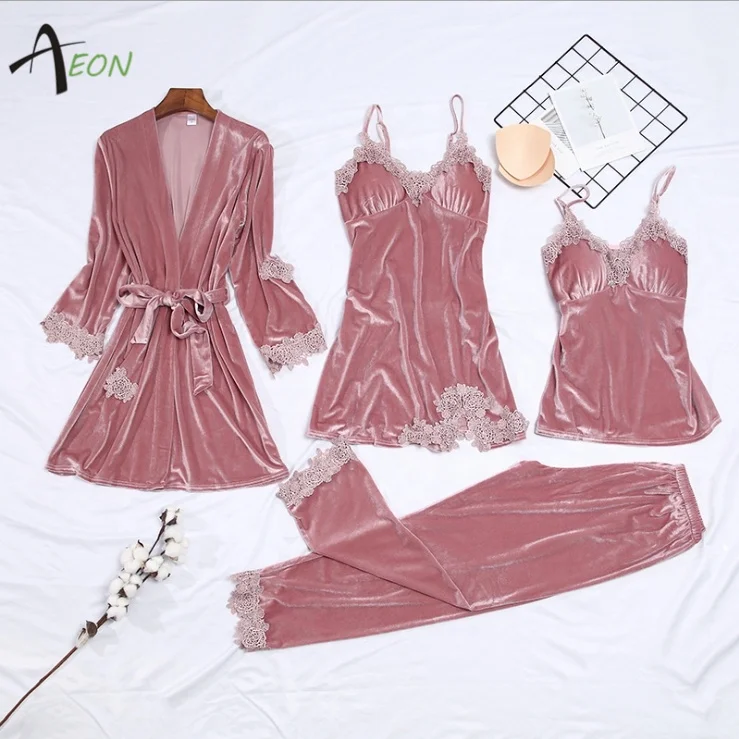 Women Luxury Velvet Pajamas Set Flannelette Velvet Robe Lingerie