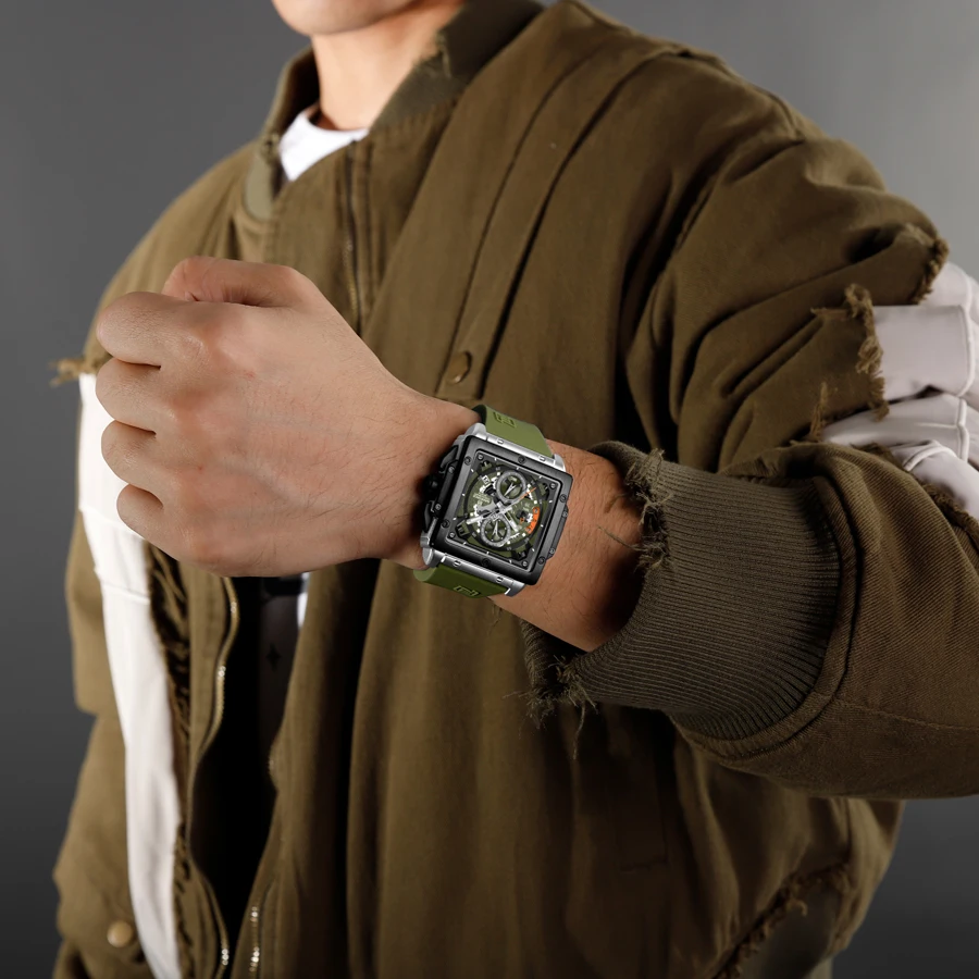 8064 серебристо-зеленые часы NAVIFORCE квадратные модные спортивные оригинальные наручные с хронографом и светящимися руками