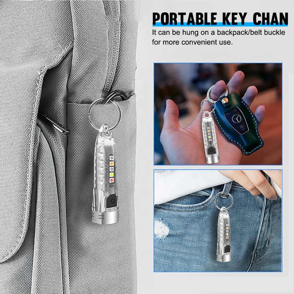 Mini keychain flashlight 12 modes rechargeable waterproof portable edc flash light 400 lumens keyring torch with yellow uv light
