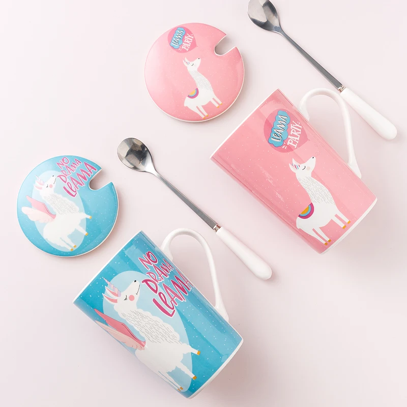 Colorful Alpaca Animal Decal Cup Coffee Ceramic Travel Mug with Lid Custom Logo Print Ceramic Mug Ideas Personalize With Picture