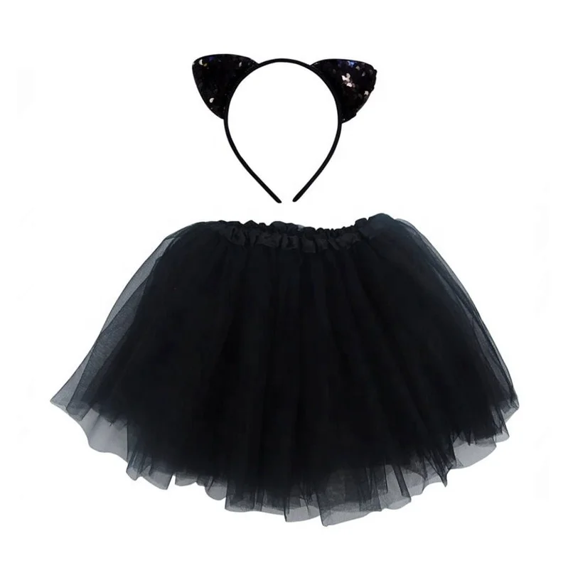 Halloween cosplay costume for girls black cat tutu dress and headband 2pc set for kids