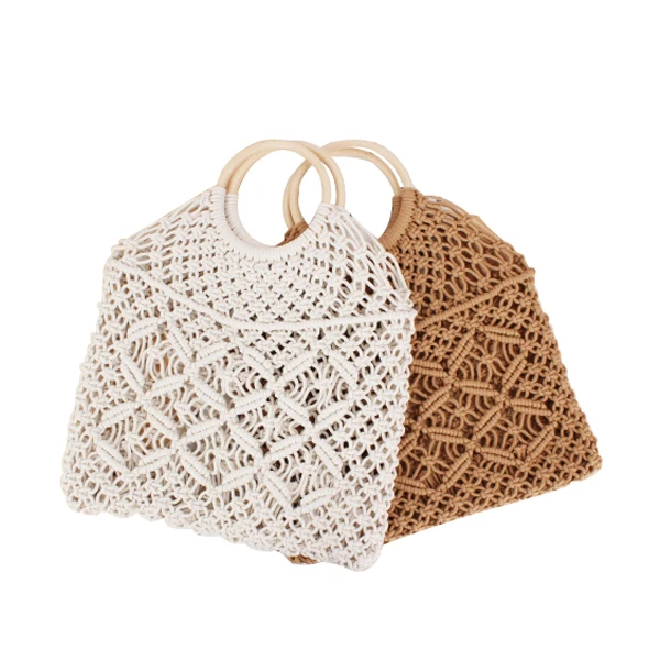 New style summer handbag knitted cotton string eyelet mesh net beach bag