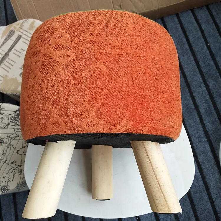Customized comfortable linen printed chair stool with four wooden legs for living room