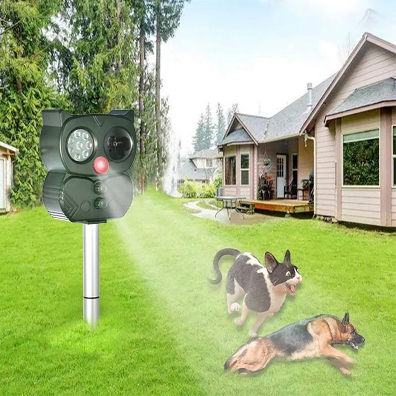 2023 New Solar Animal Repeller 5 Gear 8 LEDs Infrared Sensor Owl Ultrasonic Bird Cat Dog Beer Repeller IP65 Outdoor Garden