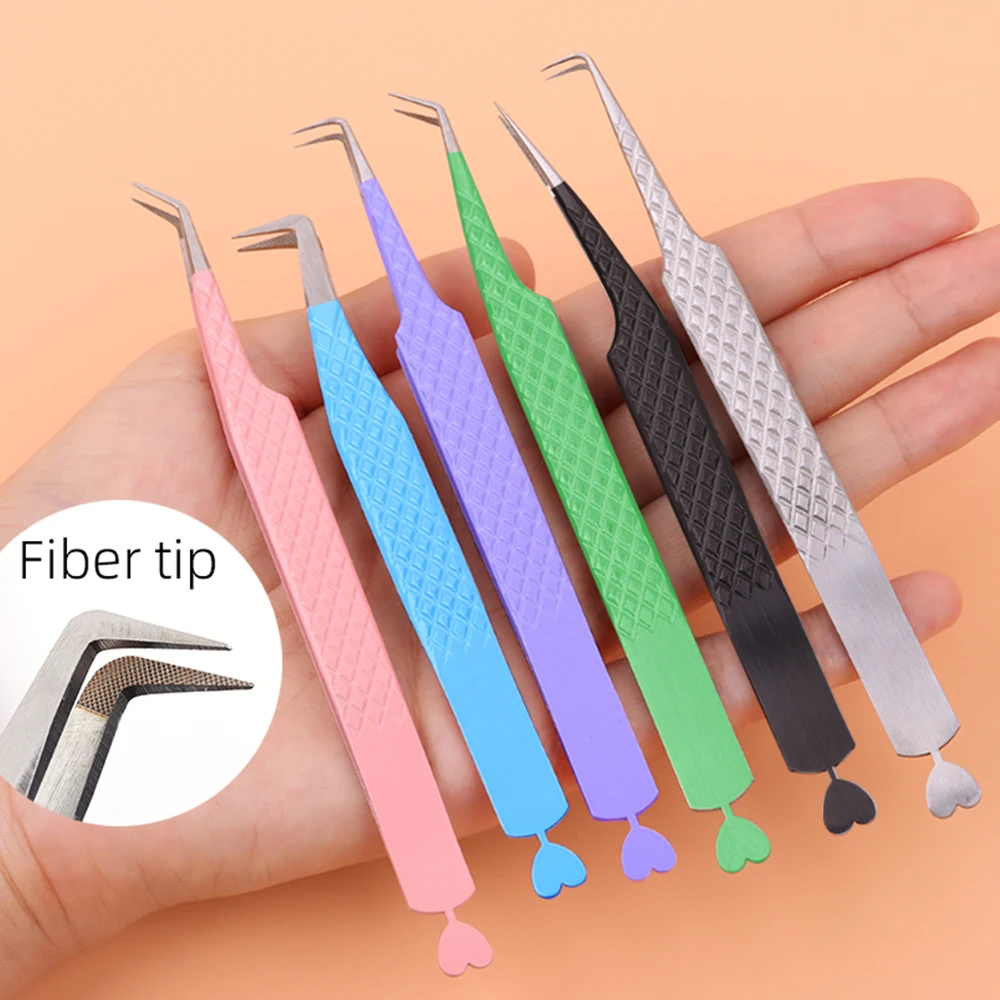 Stainless Steel 45 90 Degree Diamond Fiber Grip Eyelash Tweezers Custom Logo Lash Extension Fiber Tip Tweezers