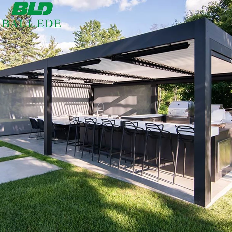 12ft. x 19 ft. Gray Aluminum Modern Louvered Pergola Hardtop Gazebo with Adjustable Sunshade Rainproof Roof and Light String