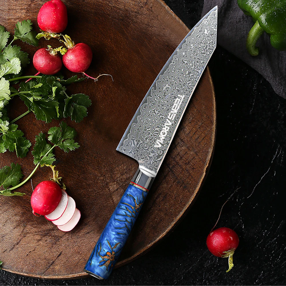 TEENS New Design VG 10 Damascus Kitchen Chef Knife with Blue Resin and Pine Cone Handle