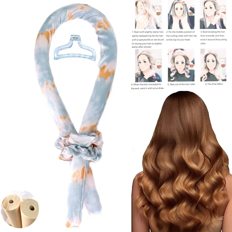 new arrival heatless curling rod headband Silk sleeping Hair Roller Wave No Heat Hair Curls silk hair curler with scrunchies