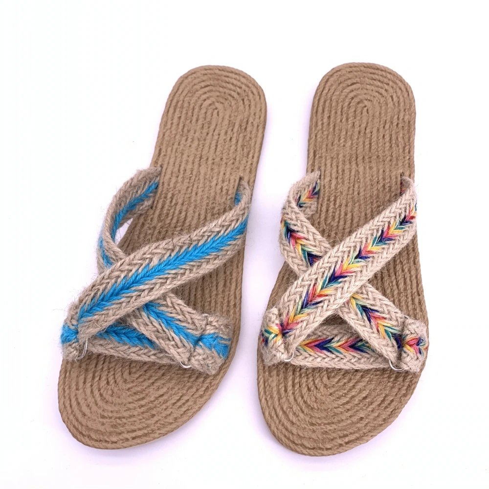 Factory Direct Trendy Hemp Rope Texture Designer Flat Sandals for Women and Ladies