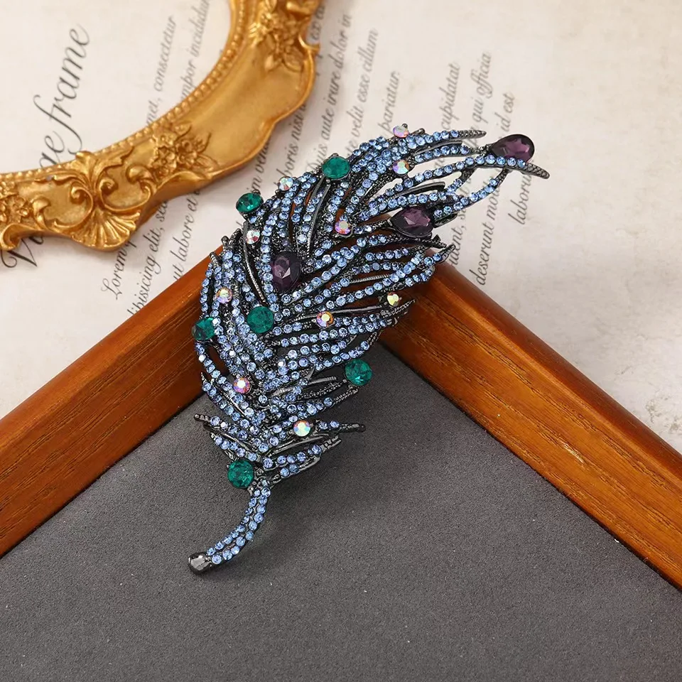 Vintage diamond peacock feather brooch heavy duty elegant coat upscale rhinestone brooch