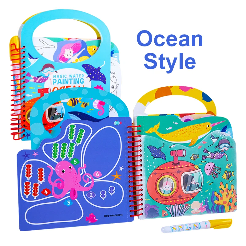 2-IN-1 Easy To Carry Mess Free Water Magic Color Changing Painting Sticker Book With Water Pen