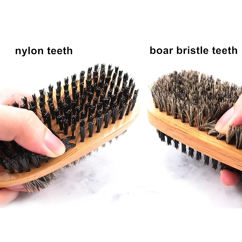  Private Label Wooden Long Handle Nylon Boar Bristle Double Side Mens Beard Brush Comb Anti Static Square